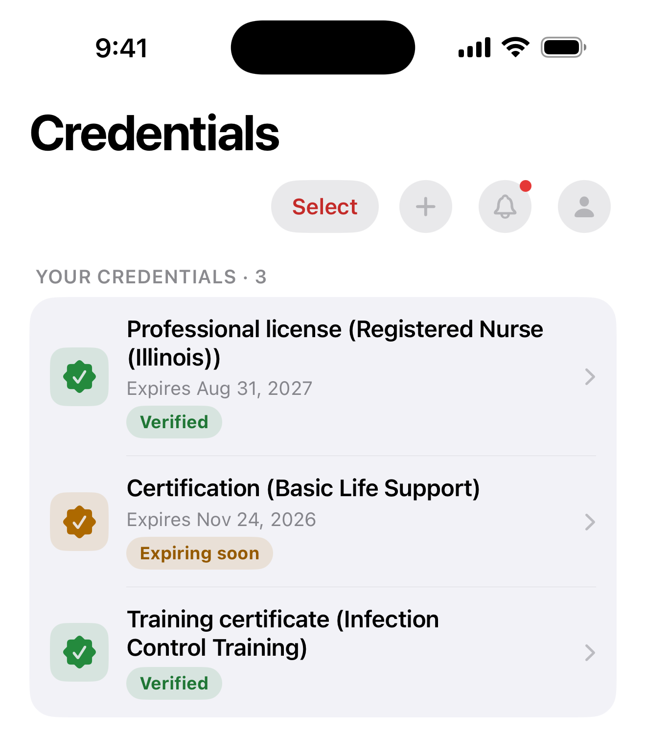 The Credentials screen listing a nursing license and an infection control training certificate marked Verified, and a Basic Life Support card marked Expiring soon.